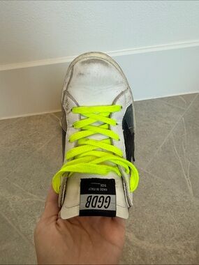 Golden Goose White Sneakers with Neon Yellow Laces and Black Star